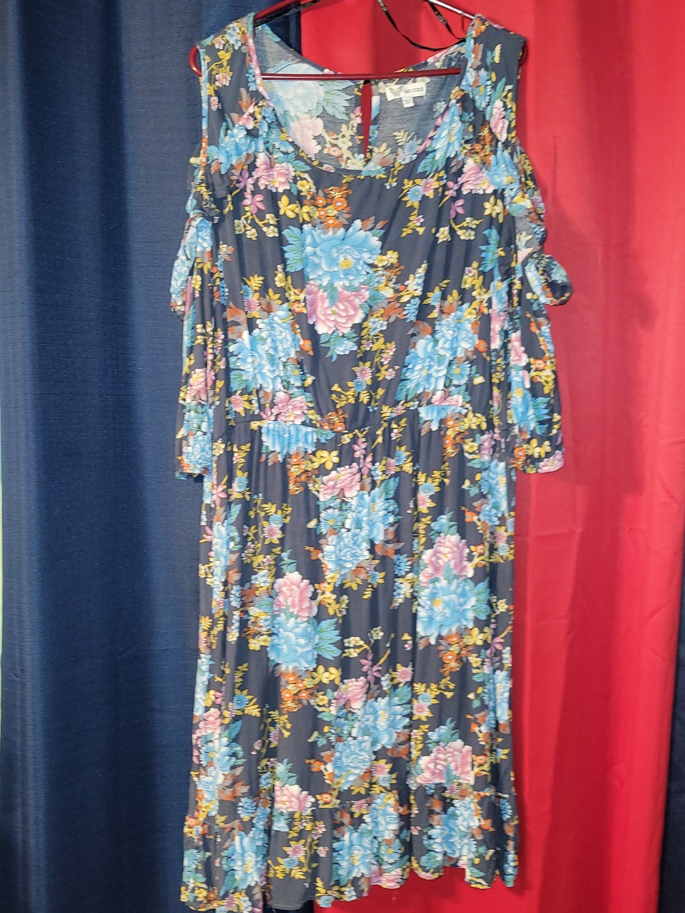 Floral Cold-Shoulder Women’s Dress - Blue & Pink Floral Go Coco 3x